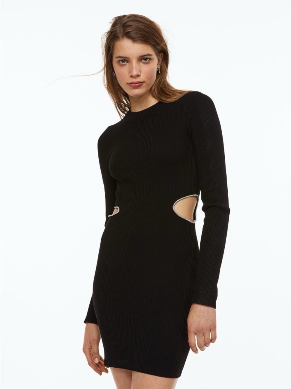 NWT Rare H&M Diamonte Rhinestone Cut-Out Bodycon Ribbed Mini Dress Black